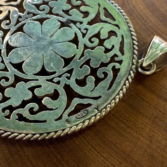 Vintage Sterling Silver Lotus Mandala Pendant Turquoise Boho Statement Festival - Picture 8 of 11